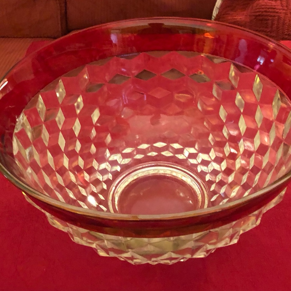 Clear Faceted Glass Serving Bowl with Red Rim -